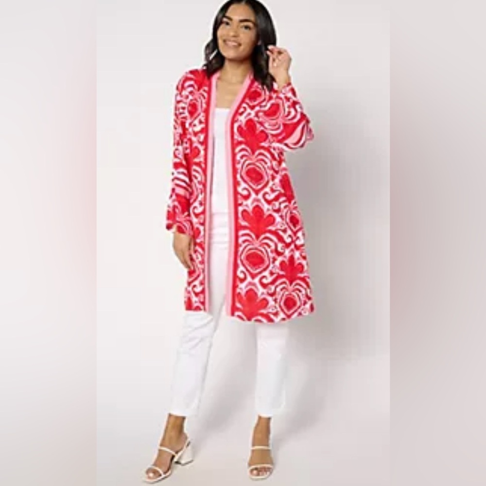 Dennis Basso Women’s Red White Duster Kimono Bohemian Hippie Western Cowgirl 2X - Picture 3 of 10